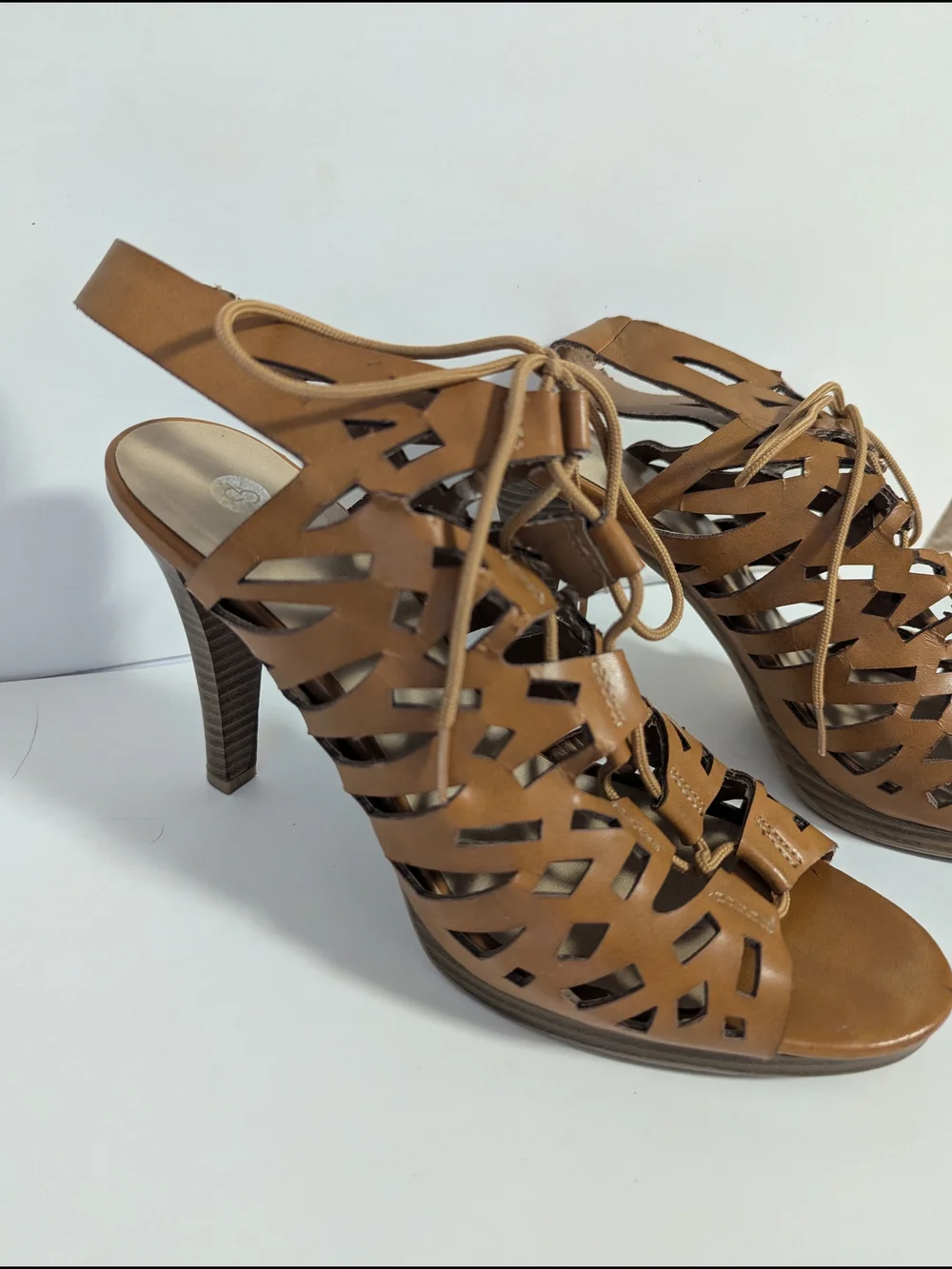 CP Shades Tan Laser-Cut Lace-Up High Heel Sandals